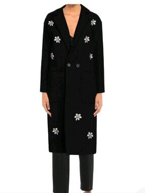Front Street Black Floral Embroidered Long Coat.Wool. Size 8.